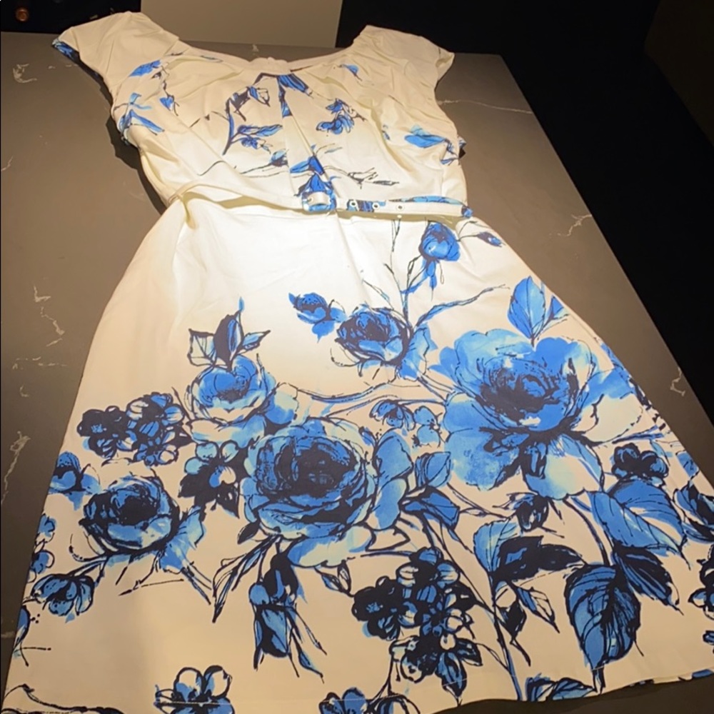 ABS Blue & White Floral Belted Dress